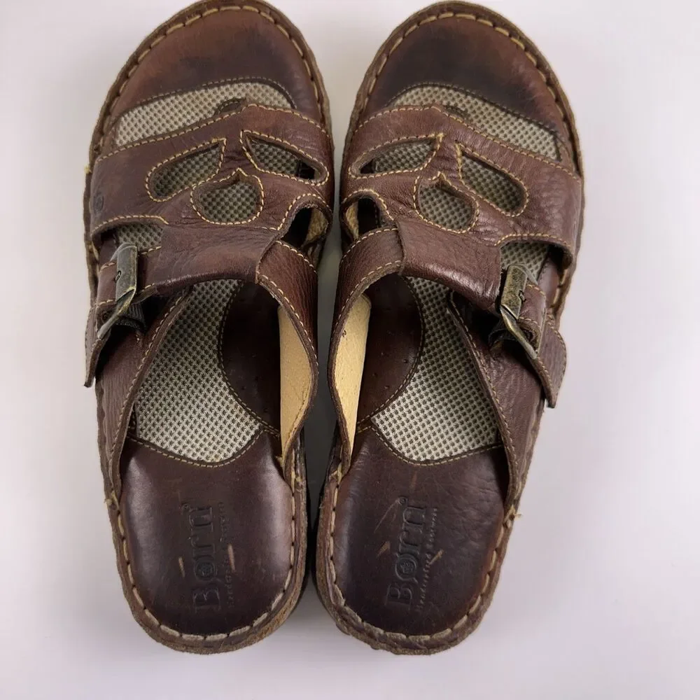 Born Judith‎ Sandal Brown Leather Slip On Cushioned Buckle Lug Sole Y2K Womens 8